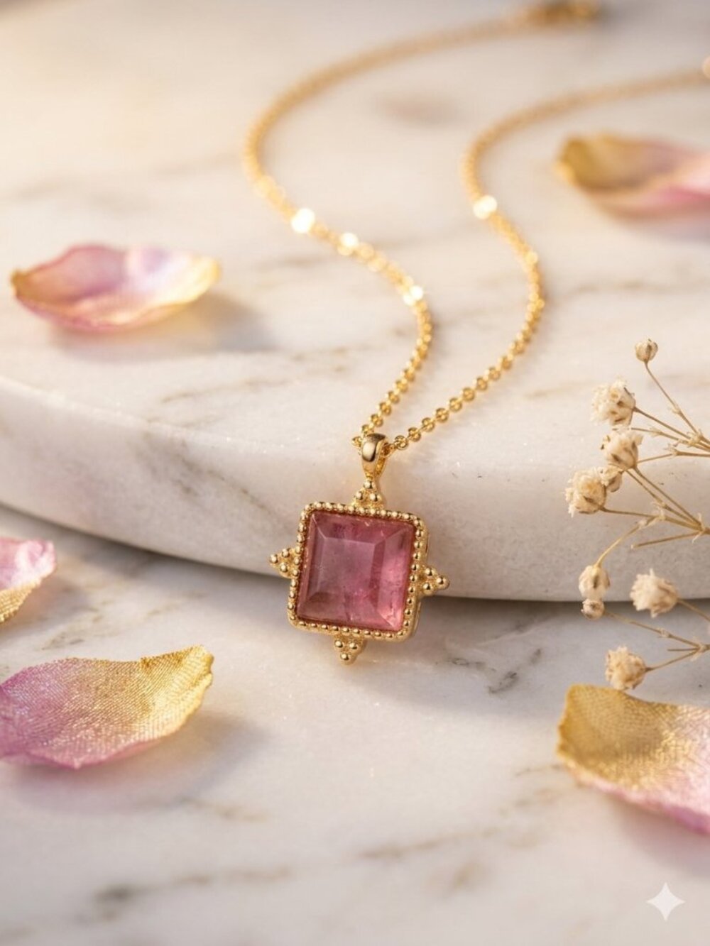 Gold Tone Pink Square Pendant Necklace